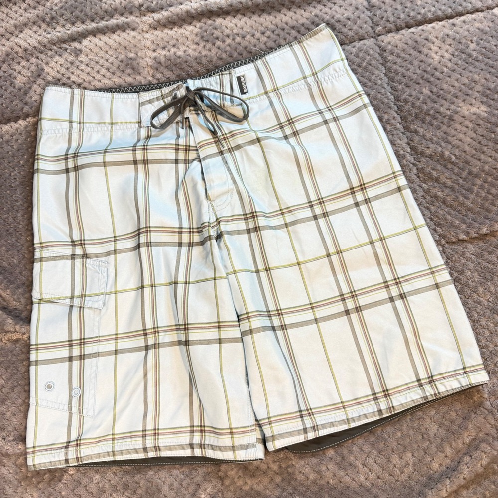 Mossimo Supply Co Mens Plaid Board Shorts Blue Brown Size 32 Swim Trunks Cargo